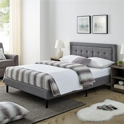 Upholstered Bed Frame, Metal Structure with Wood Slats, Elegant Headboard Design