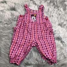 Vintage Baby Disney Pink Plaid Minnie Mouse Overalls Romper