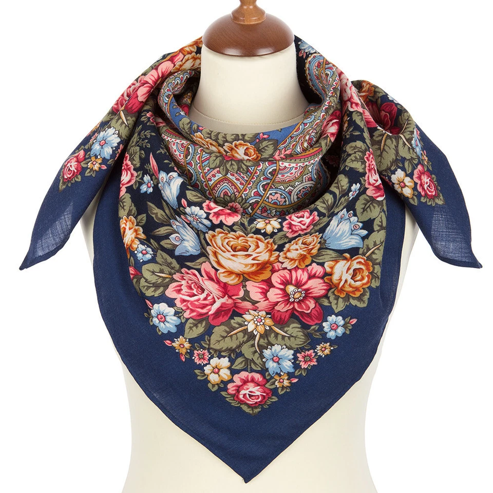 Blue Pavlovo Posad Shawl, Original Russian Wool Platok 35x35" FLORAL NYMPH - Image 2 of 4