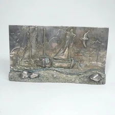 Nautical Sailing Ships Seashore Plaque 3D Relief Tekform 925 Silver Pt Vintage