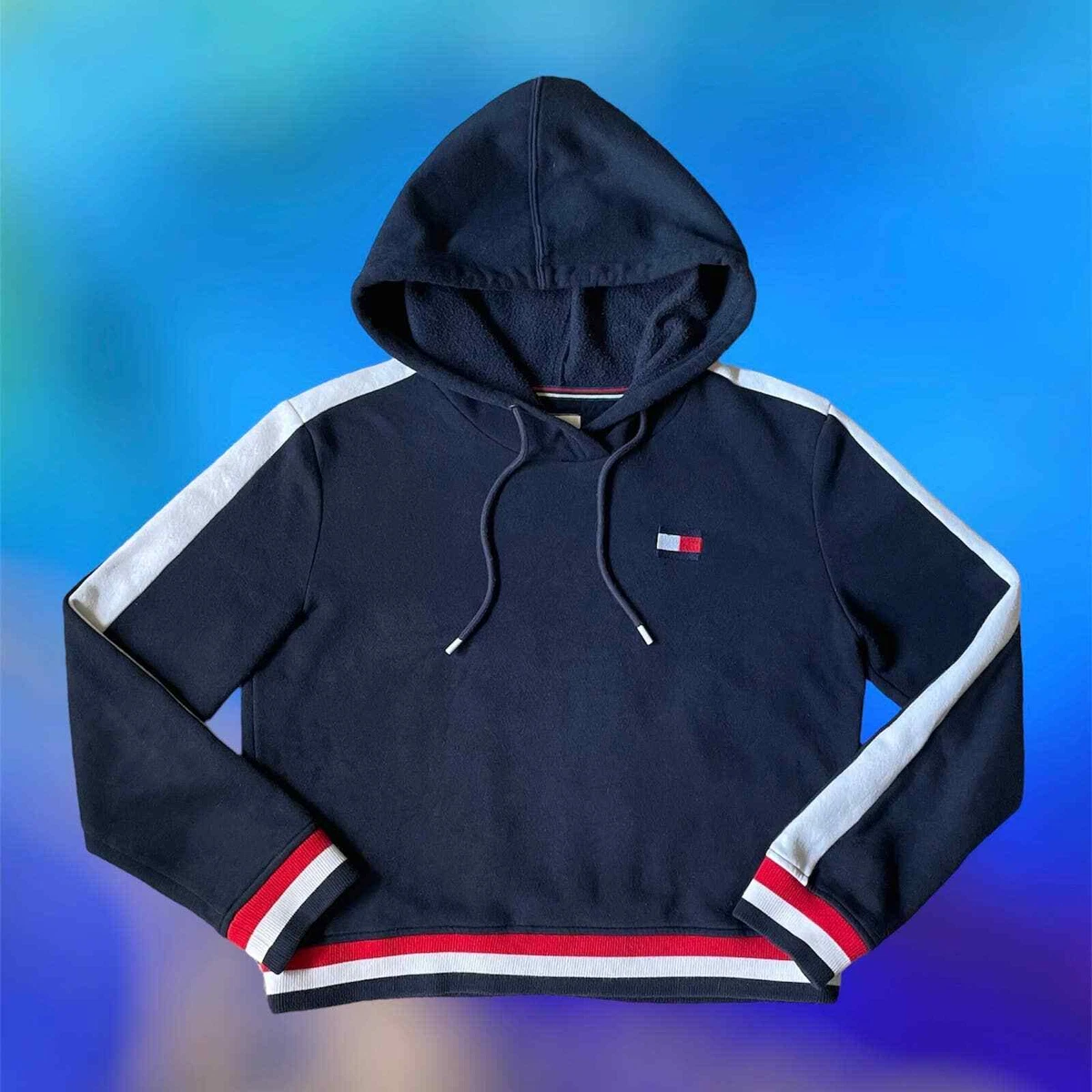 Tommy Hilfiger | Navy Embroidered Flag Logo Cropped Hoodie (S) | EUC | eBay