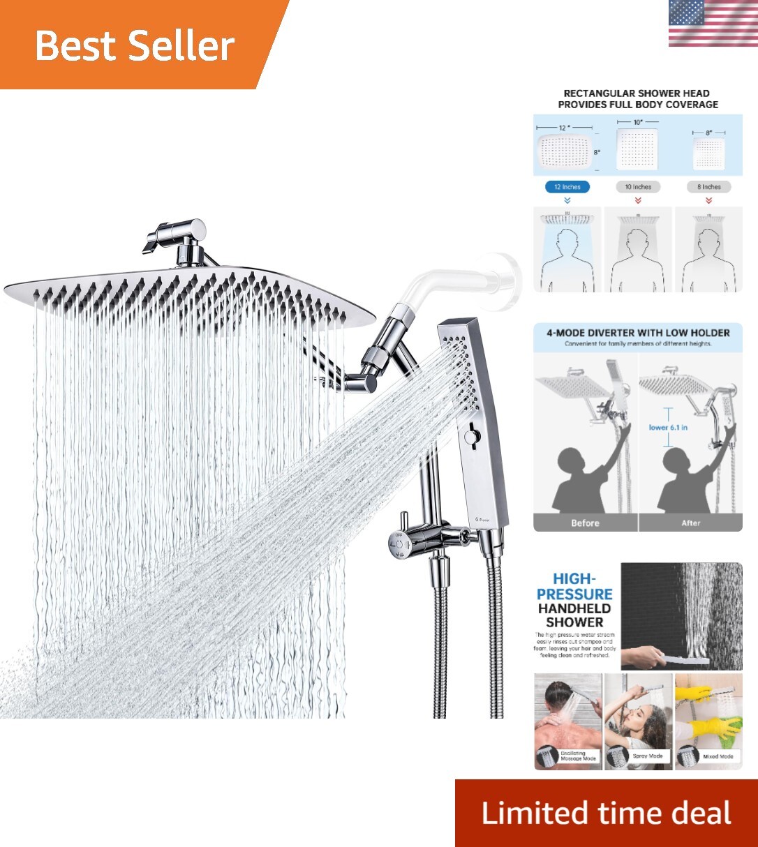 All Metal 12 Inch Rainfall Shower Head with Handheld Massage and Adjustable Settings