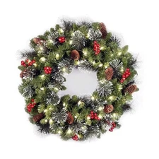 LED Christmas Pinecone Wreath with Red Berries Artificial Xmas Wreath New Year