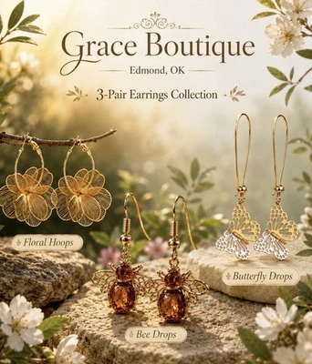 Grace Boutique Gold Tone Floral Hoop, Bee & Butterfly Drop Earrings 3-Pair Set - Image 1 of 4