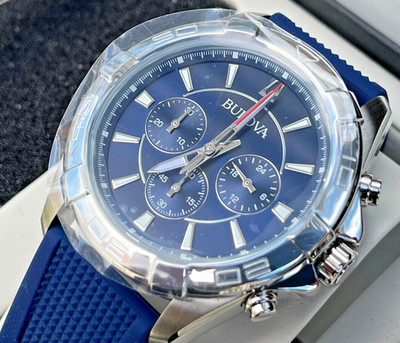 BULOVA 96K103 HERRENUHR SILBERFARBEN CHRONOGRAPH BLAUES ZIFFERBLATT PLUS ARMBAND NEU IN VERPACKUNG