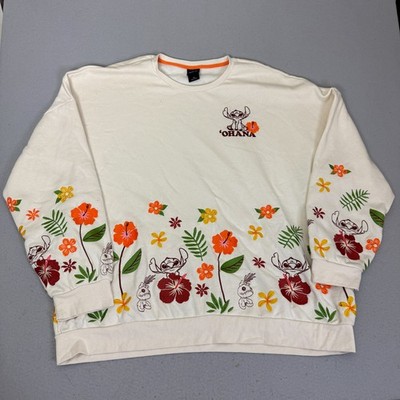 Disney BoxLunch Stitch Ohana Floral Embroidered Sweatshirt 4X Cream