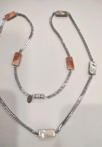 Vintage ST Les Bernard Signed MOP Abalone Stone Chain Necklace 28", F41 - Picture 3 of 5