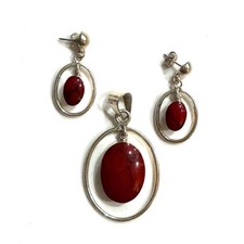 Vintage Mexican Modernist Red Dyed Howlite Sterling Silver Pendant & Earring Set