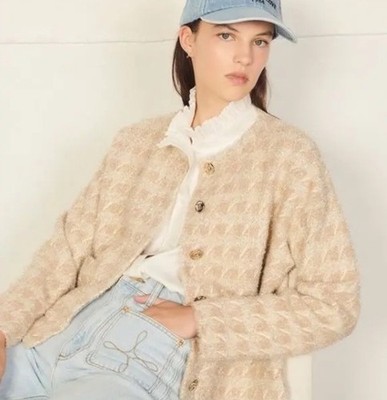 Sandro Maria Houndstooth Cardigan Gold Metallic Beige Size L