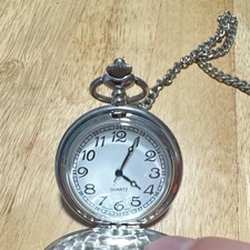Quartz Full Hunter Pocket Watch w/ Chain Silver Polished White Arabic Dial