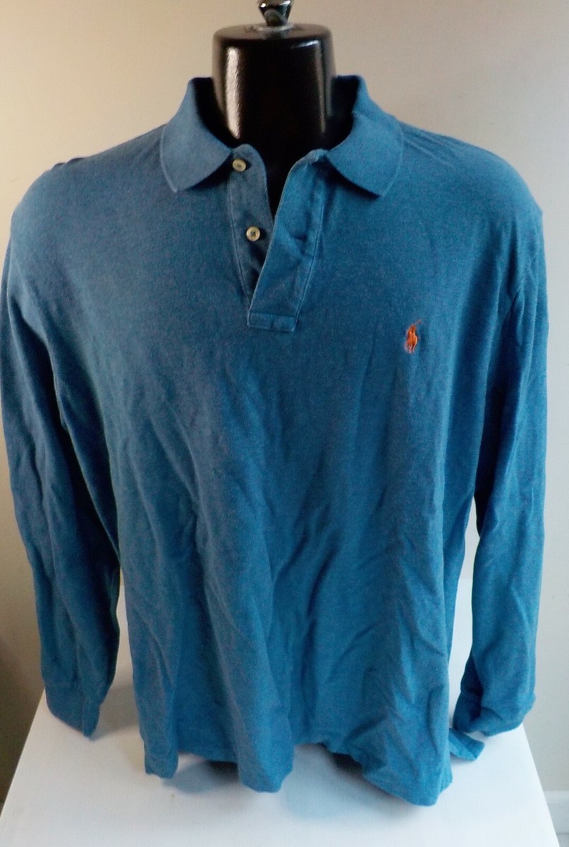 POLO RALPH LAUREN 100% Cotton L/S Polo Shirt Blue SZ XL | eBay