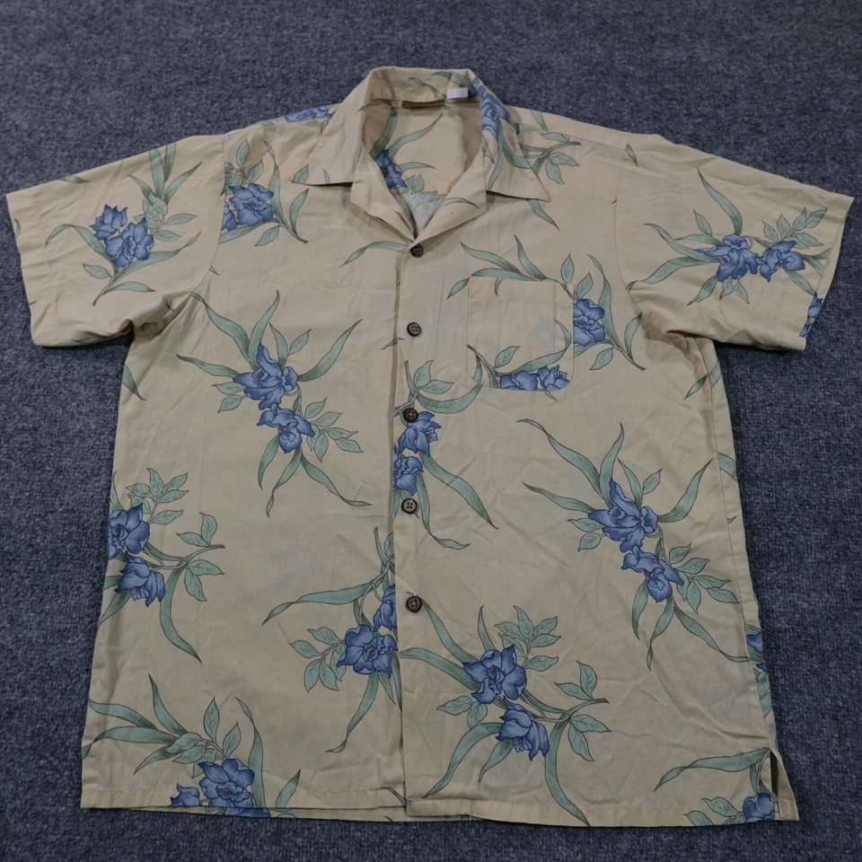 Camisa masculina vintage Edwards L amarela havaiana botão acampamento mistura de algodão EUA 13393 - Imagem 2 de 4