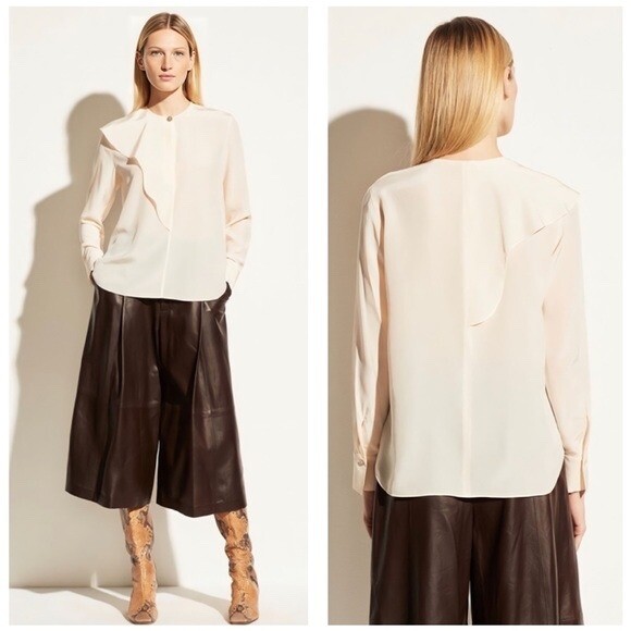 Vince Womens Asymmetric Flutter Silk Blouse Long Sleeve Neutral Office Size 12