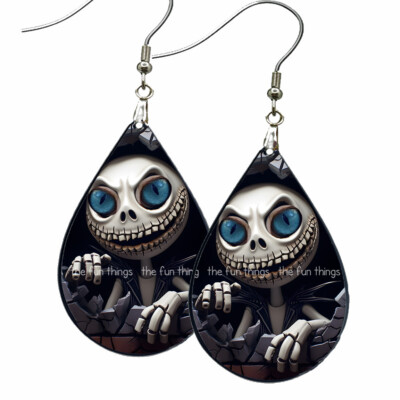 Blue Eyed Skeleton Earrings Dangle Drop Teardrop NO TARNISHING Wood Stainless