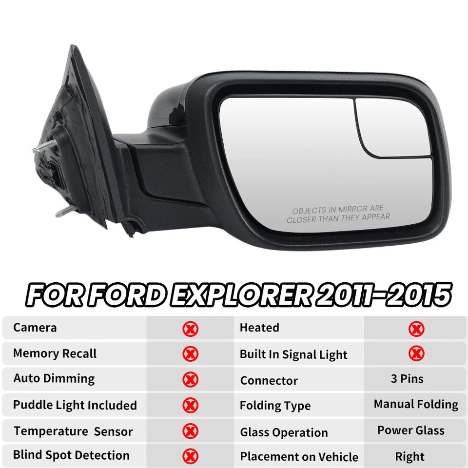 Espejo retrovisor para Ford Explorer 2011-2015 lado del pasajero manual plegable negro texturizado Foto 2 de 4