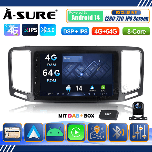 9" DAB+ 4+64GB Android 14 Autoradio Kam Navi Für VW Sharan II 7N Seat Alhambra 2 - Bild 1 von 14
