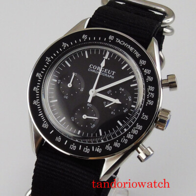 corgeut 40mm quatz black dial men watch chronograph multifunctional nylon strap