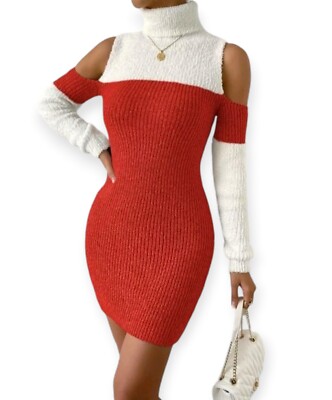 Women's Elegant Red White Turtleneck Jumper Dress 12 14