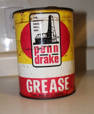 VINTAGE ADVERTISING 5 LB PENN DRAKE   GREASE CAN -HALF FULL