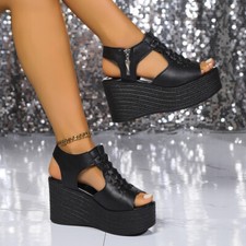 Summer Womens Gothic Peep Toe High Wedge Heels Slingback Shoes Platform Sandals