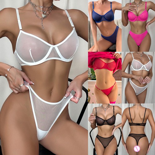 Sexy Womens Mesh See Through Bra Thong Lingerie Knicker Underwear Sets Nightwear