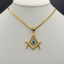 24K Gold Plated Masonic Square and Compasses Eye of Providence Pendant Necklace
