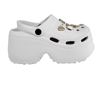 Damen weiße Plateau Clogs klobiger Absatz Slipper Pantoletten Sandalen Freizeit Outdoor Strand