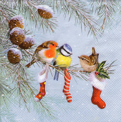 3 Servietten ~ Weihnachten, Vögel, Fichtenzweig, Wäscheklammern, Socken ~ 33x33