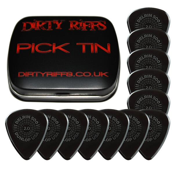 12 x Dunlop Delrin Prime Grip Guitar Picks Plectrums 2.00mm Black In A Pick Tin