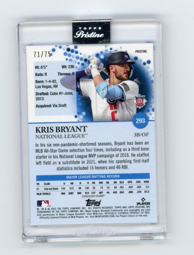 2022 Topps Pristine Kris Bryant Blue Refractor #ed/75 Chicago Cubs #293 - Picture 2 of 2