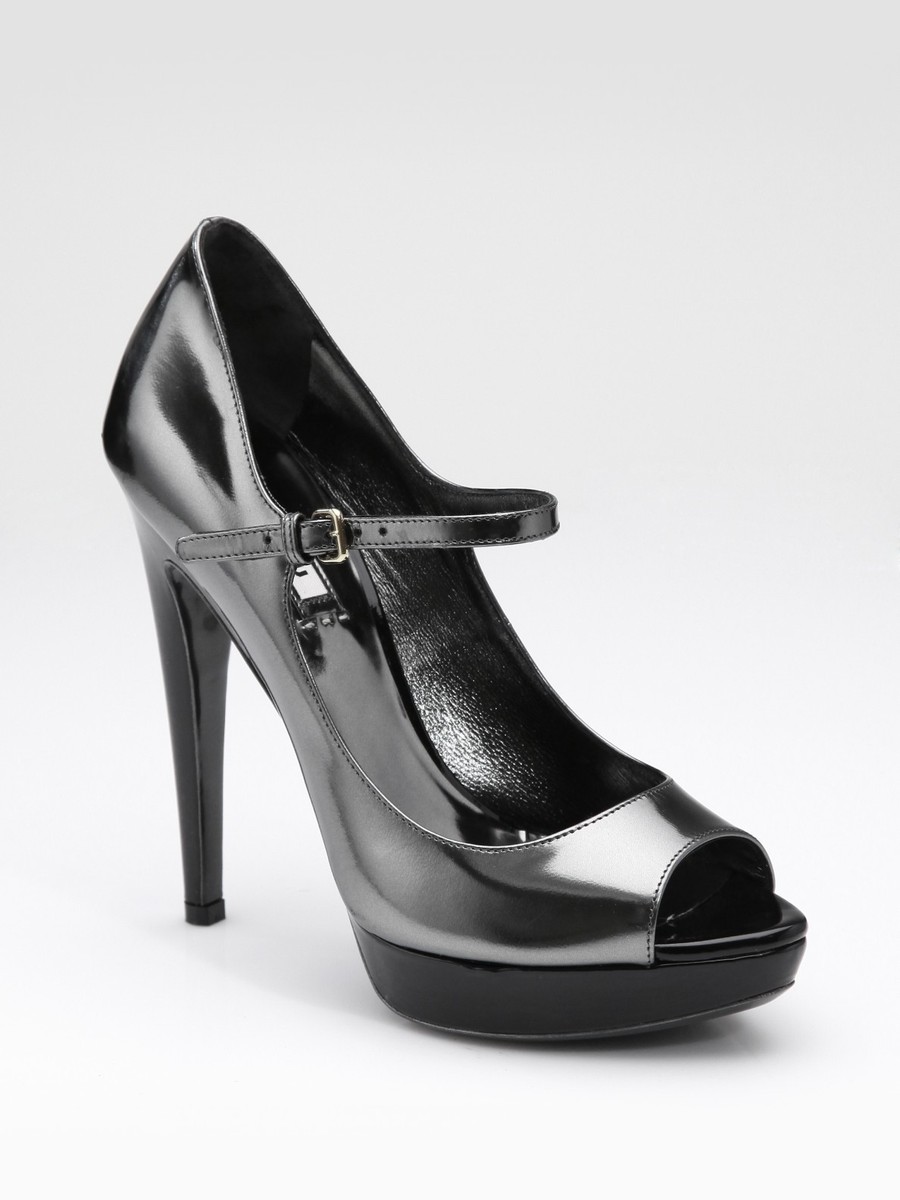 MIU MIU Pewter Mirror Metallic Black Patent Mary Jane Pumps EU 39