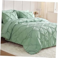 Comforter Set 7 Pieces - Bed in a Bag for All Season, Pintuck Queen Sage Green