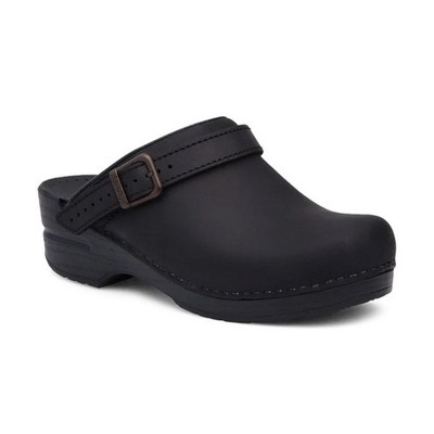 DANSKO Ingrid Black Oiled Leather Clog Shoes Open Back Heel Strap 