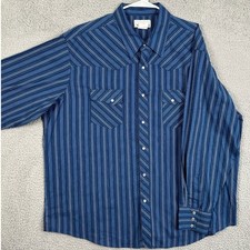 Wrangler Wrancher Shirt Western Mens 2XL Blue Striped Pearl Snap Flap Pockets