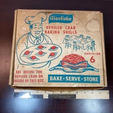 6 MIB Vtg Set Glasbake Crab Cake Deviled Imperial Glass Baking Shell Dishes Lot