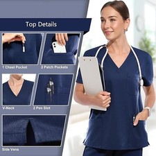 Scrubs for Women - V-Neck Top Cargo Pants Scrubs Set with 9 Pockets Dark Blue