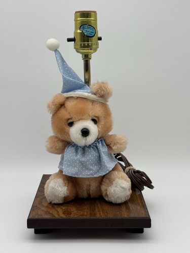 Vintage ADI Bedtime Teddy Bear Table Lamp Plush Nursery Baby Blue Polka Dot