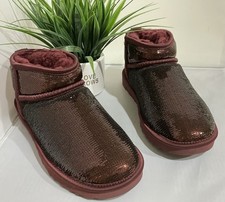 UGG Women s Burgundy Sequin Mini Ankle Boots Pull On Plush Lined. Size 7