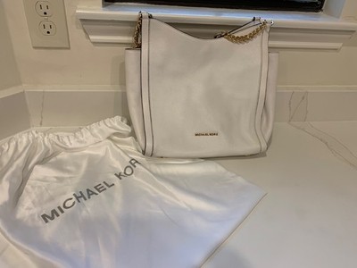 Michael Kors Newbury White Pebbled Leather Gold Chain Multiple Pockets Organize