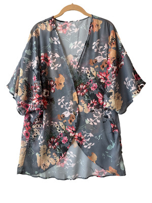 Boho Chic Sheer Floral Open Front Lightweight Kimono Cardigan L Resort Coverup