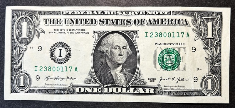 2021 $1 note from Minneapolis "I" (9) AU/CU