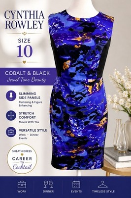 Cynthia Rowley Cobalt Blue & Black Sheath Dress Size 10 Slimming Career Office 