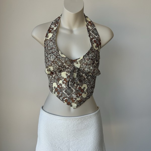 glassons womens 10 cream brown black floral halter tie back cropped top