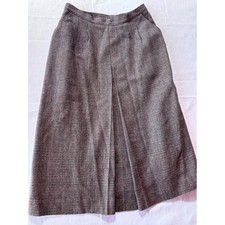 Vintage Wool Blend Houndstooth Midi Skirt High Waist Pleated Burgundy Brown 9/10