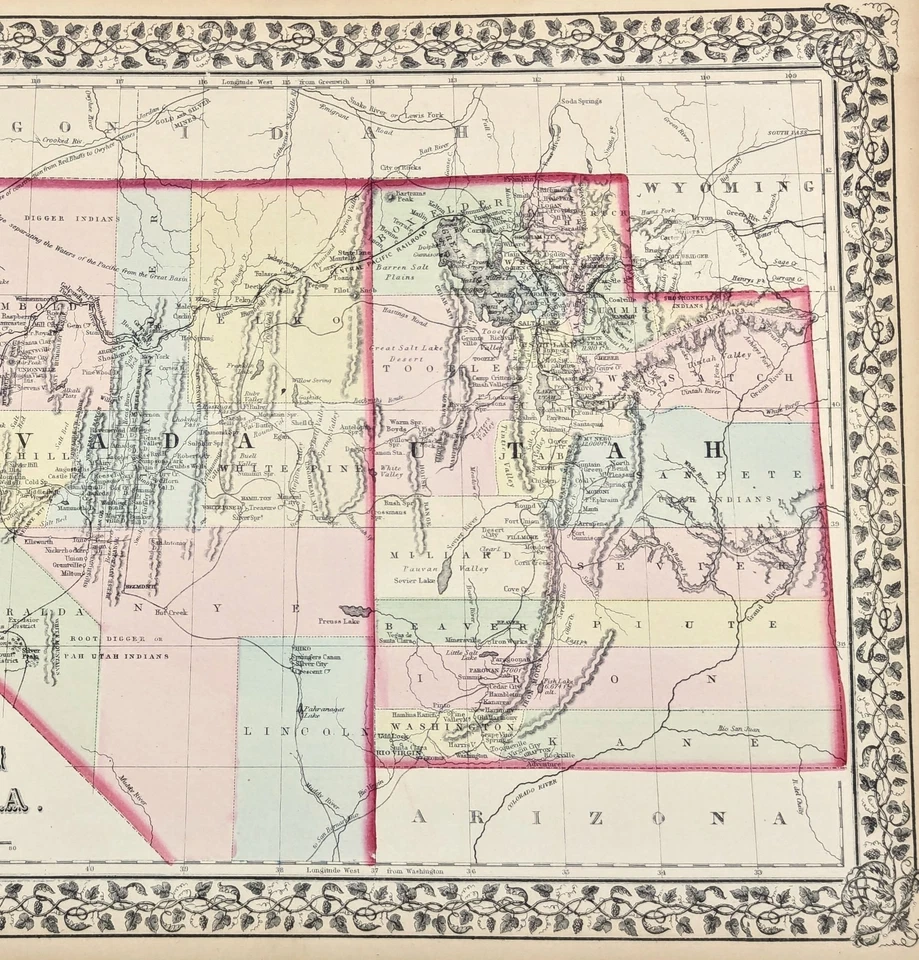 1875 NEVADA - TERRITORIO UTAH Mapa ORIGINAL (14x11,25) Mitchell RAILROADS COUNTY Foto 3 de 3