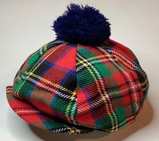 VTG FOXHUNTER STANDUN TAM O  SHANTER RED PLAID PURE NEW WOOL POM CAP HAT- IRELAND