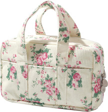 Pink Flower Large Corduroy Pencil Case 5 Compartment Pouch Bag Zipper