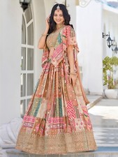 Indian Style Beige Chinnon Silk Lehenga Choli With Dupatta For Reception Wear