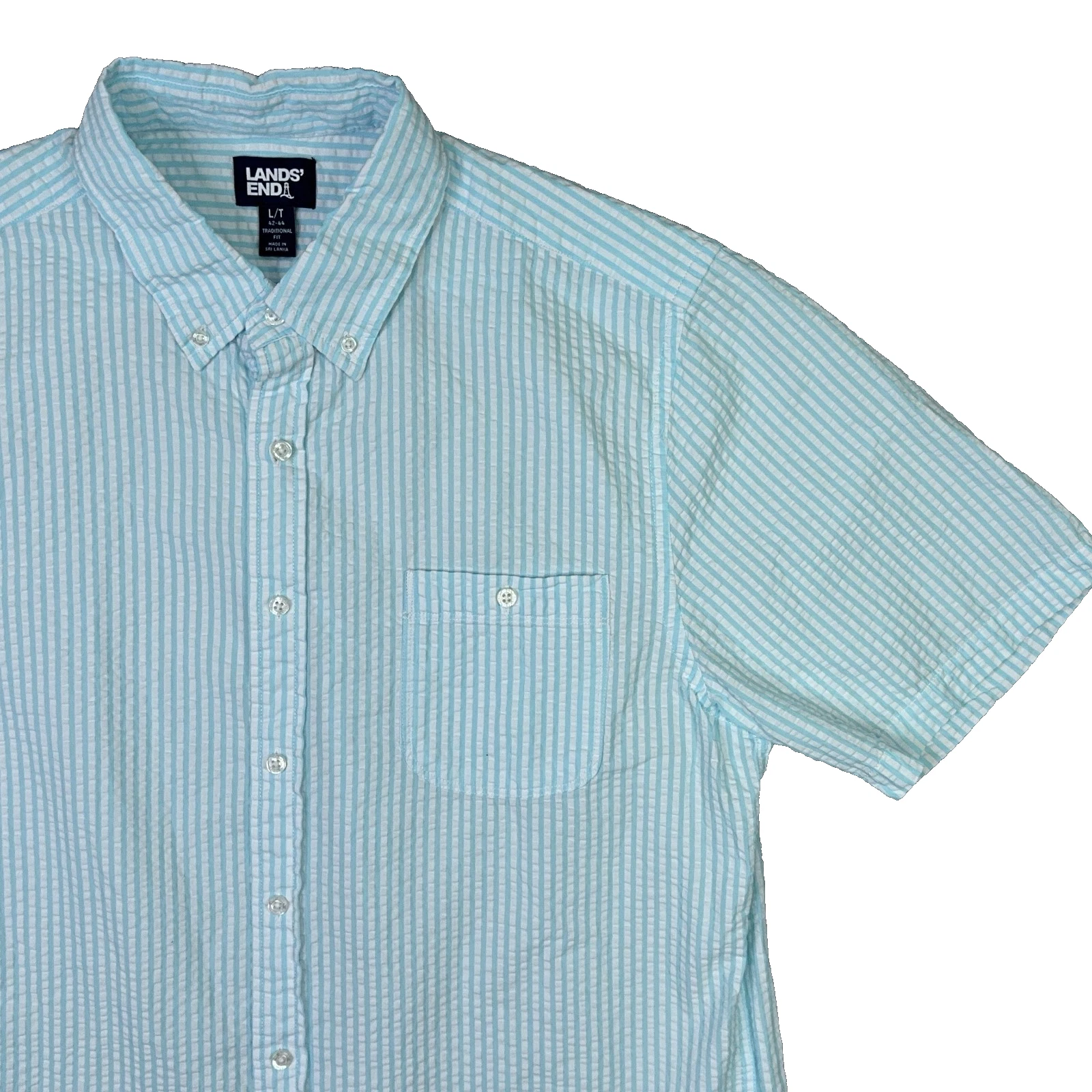 Lands End Seersucker Shirt Mens LT Teal White Striped Short Sleeve Button Down
Opens in a new window