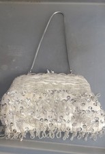 Vintage 60s Handmade  Hong Kong Sequin Beaded Silver Chain Evening Purse Clutch